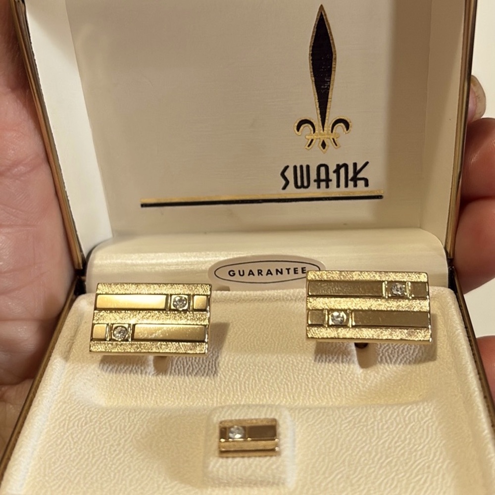 VINTAGE SWANK GOLD-TONE RHINESTONE CUFFLINKS AND TIE TACK ORIGINAL BOX - Picture 4 of 10